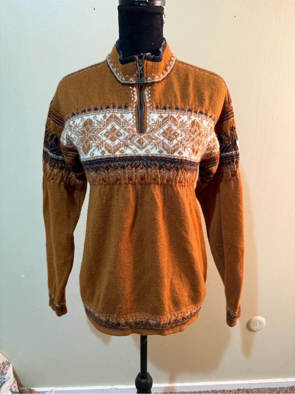 Dale of Norway Mustard Brown Fair Isle Half-Zip Sweater-M